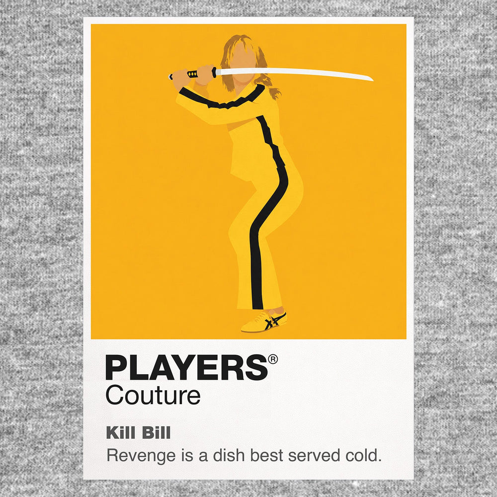 Kill Bill the Bride in yellow motorcycle suit carrying a Hattori Hanzo sword Icon Frame artwork in grey