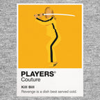 Kill Bill the Bride in yellow motorcycle suit carrying a Hattori Hanzo sword Icon Frame artwork in grey
