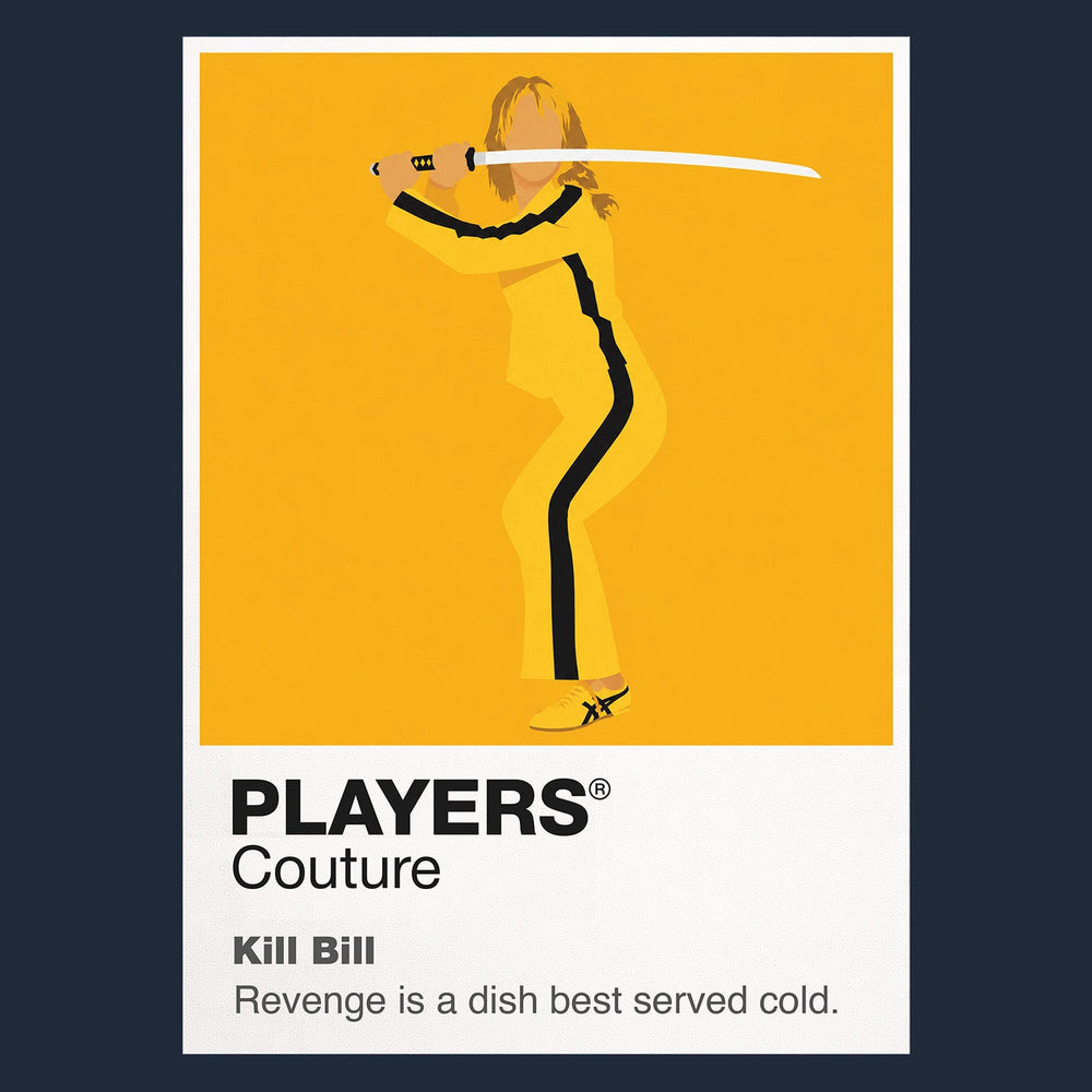 Kill Bill the Bride in yellow motorcycle suit carrying a Hattori Hanzo sword Icon Frame artwork in navy
