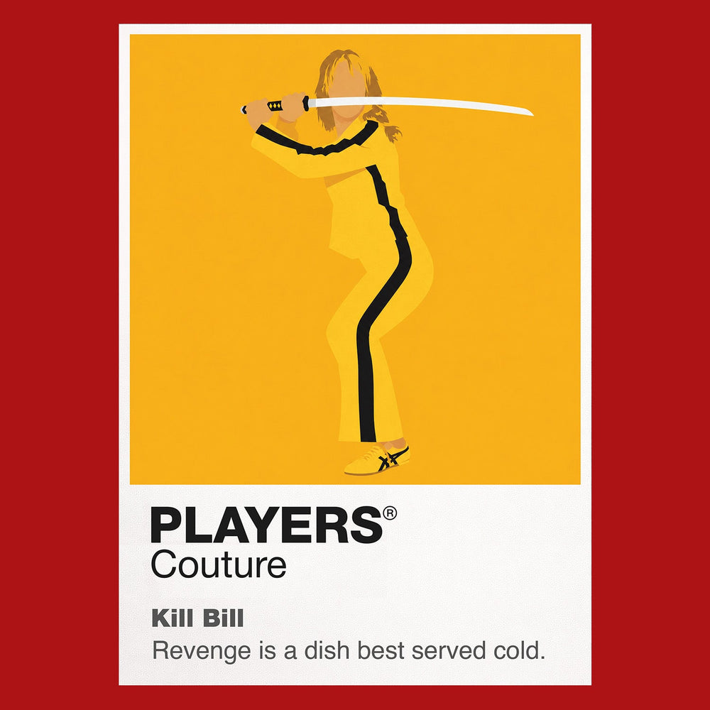 Kill Bill the Bride in yellow motorcycle suit carrying a Hattori Hanzo sword Icon Frame artwork in red