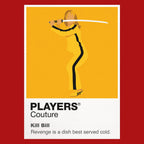 Kill Bill the Bride in yellow motorcycle suit carrying a Hattori Hanzo sword Icon Frame artwork in red