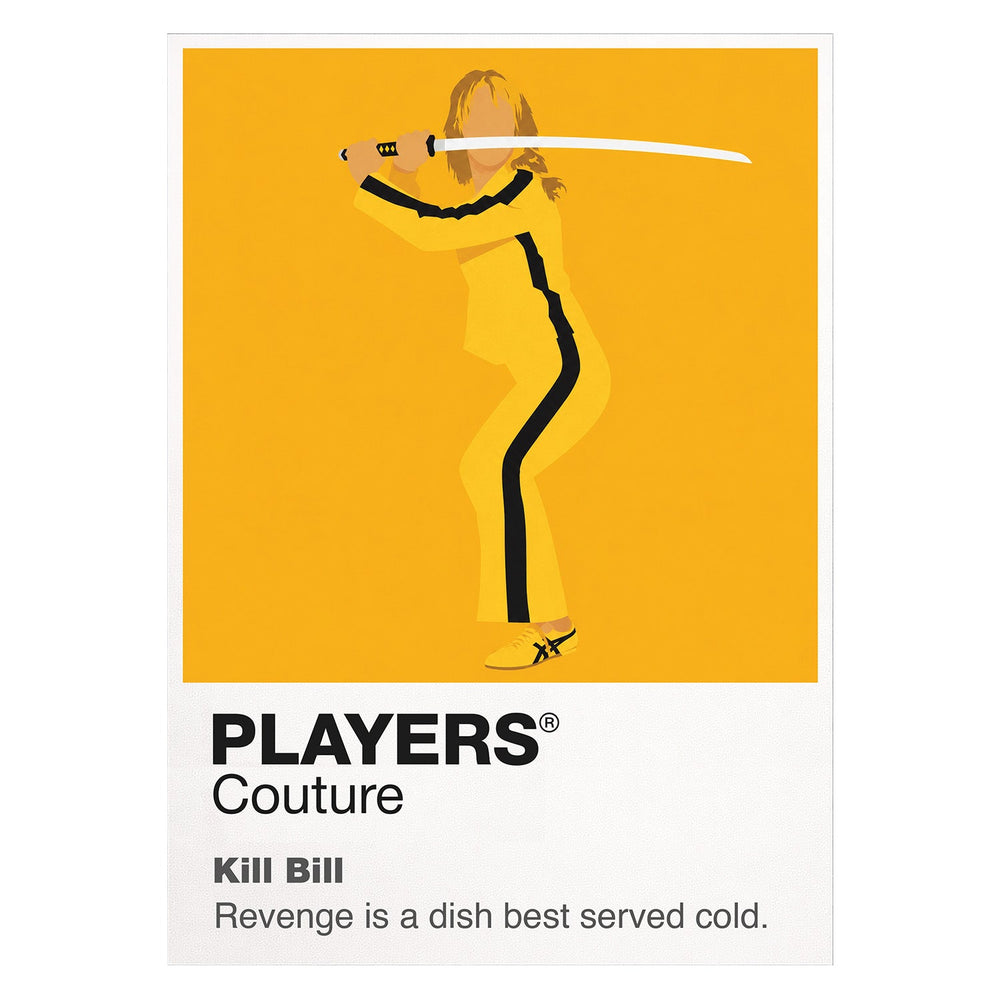 Kill Bill the Bride in yellow motorcycle suit carrying a Hattori Hanzo sword Icon Frame artwork on white