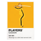 Kill Bill the Bride in yellow motorcycle suit carrying a Hattori Hanzo sword Icon Frame artwork on white