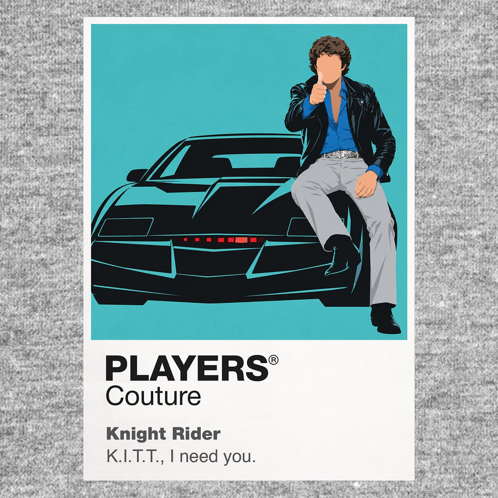 Knight Rider Michael Knight and KITT, the black Pontiac Trans Am with its red scanner Icon Frame artwork in grey