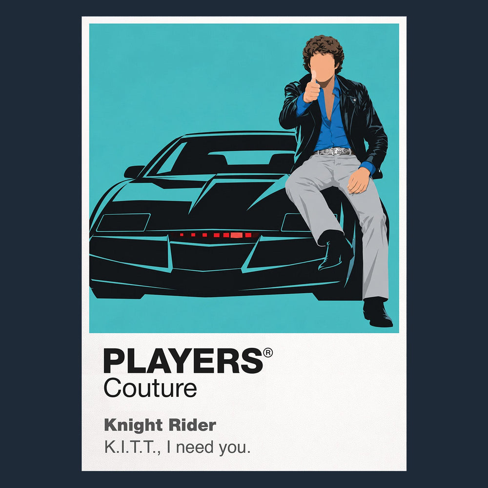 Knight Rider Michael Knight and KITT, the black Pontiac Trans Am with its red scanner Icon Frame artwork in navy