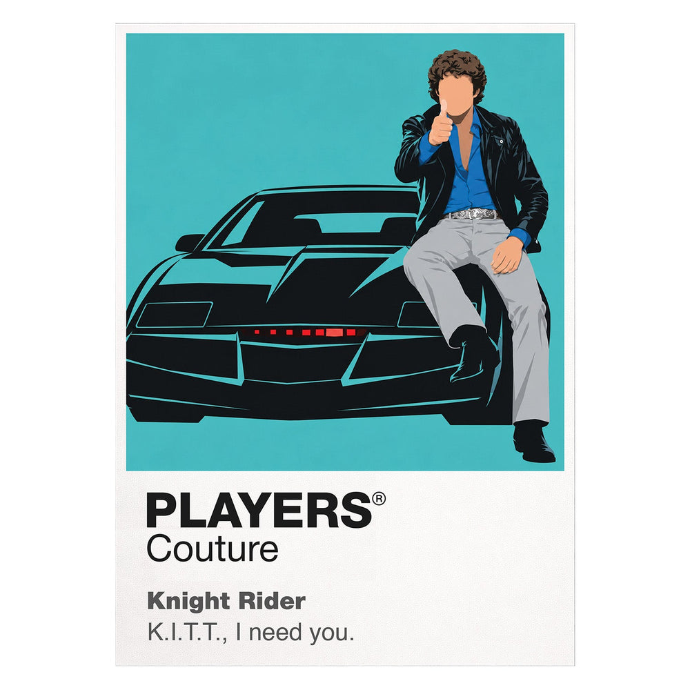 Knight Rider Michael Knight and KITT, the black Pontiac Trans Am with its red scanner Icon Frame artwork on white