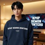 Kpop Demon Hunters hoodie – navy men's hoodie with white Kpop Demon Hunters letters and Players Couture logo on the chest