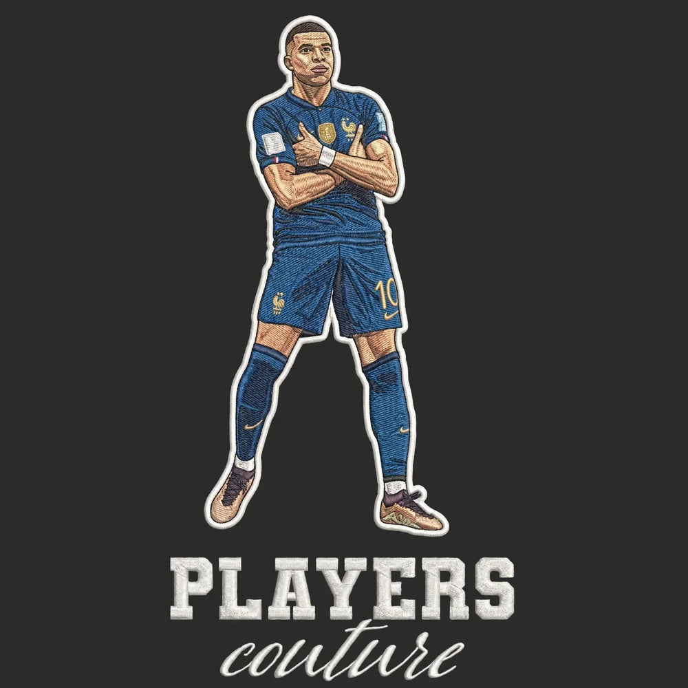 Kylian Mbappe Badge Men's Hoodie – black close-up detail shot of the Kylian Mbappe Players Couture logo design