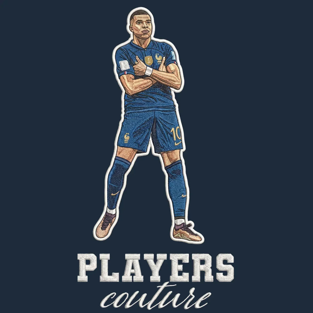 Kylian Mbappe Badge Men's Hoodie – navy close-up detail shot of the Kylian Mbappe Players Couture logo design