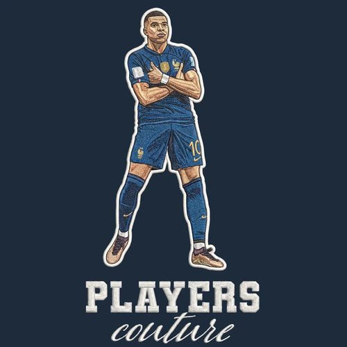 Kylian Mbappe Badge Men's Hoodie – navy close-up detail shot of the Kylian Mbappe Players Couture logo design