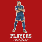 Kylian Mbappe Badge Men's Hoodie – red close-up detail shot of the Kylian Mbappe Players Couture logo design
