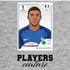 Kylian Mbappe World Cup Sticker Men's T-Shirt – grey close-up detail shot of the Kylian Mbappe World Cup Players Couture