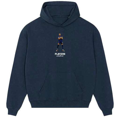 Kylian Mbappe hoodie – navy men's hoodie with white Kylian Mbappe letters and Players Couture logo on the chest