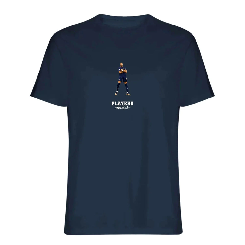 Kylian Mbappe Icon t-shirt – navy men's t-shirt with white Kylian Mbappe Icon letters and Players Couture logo on the chest