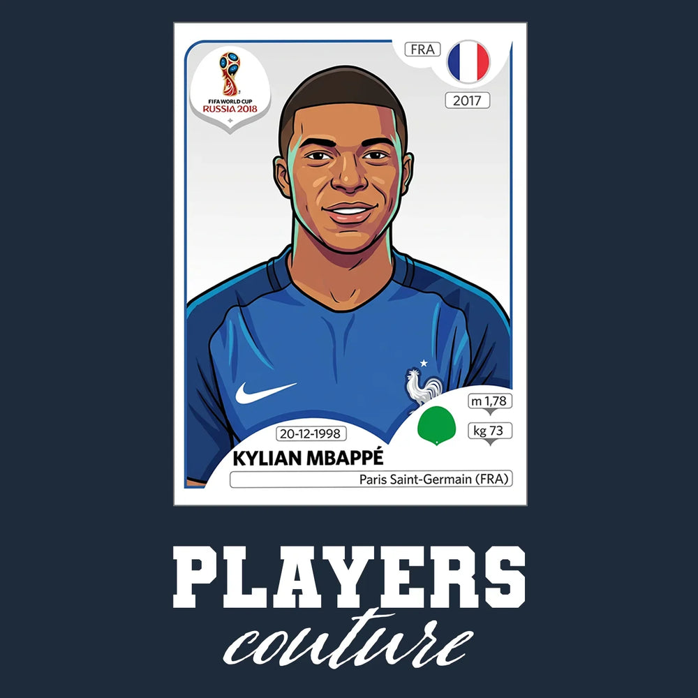 Kylian Mbappe World Cup Sticker Men's T-Shirt – navy close-up detail shot of the Kylian Mbappe World Cup Players Couture