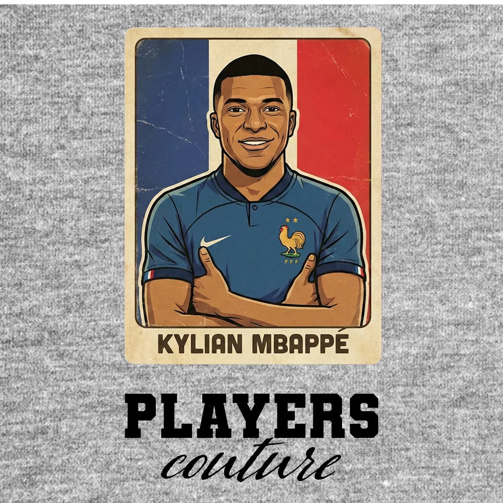Kylian Mbappe 2026 Style World Cup Sticker Men's T-Shirt – grey close-up detail shot of the Kylian Mbappe 2026 Style World