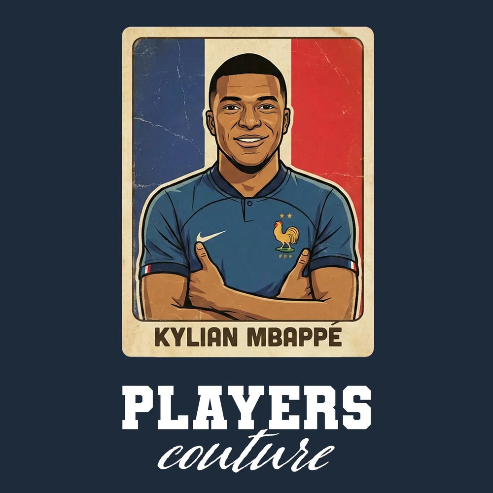 Kylian Mbappe 2026 Style World Cup Sticker Men's T-Shirt – navy close-up detail shot of the Kylian Mbappe 2026 Style World