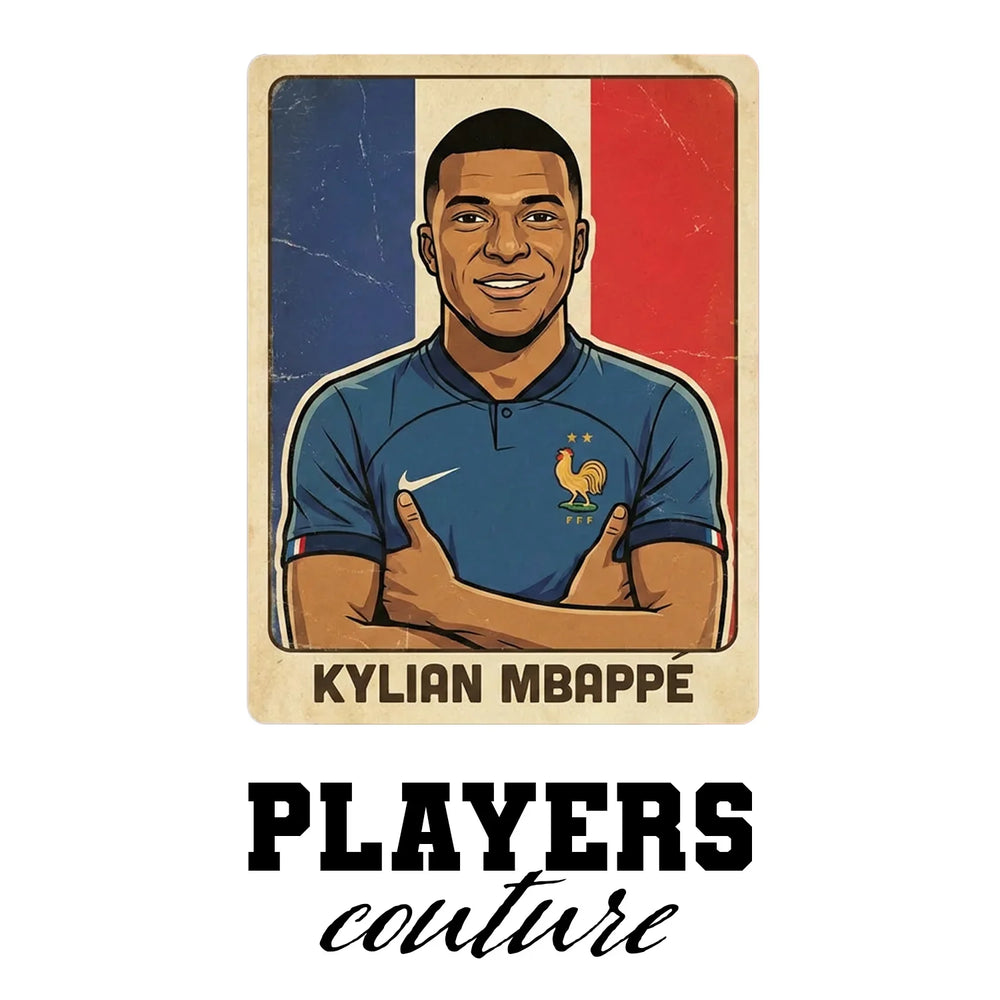 Kylian Mbappe 2026 Style World Cup Sticker Men's T-Shirt – white close-up detail shot of the Kylian Mbappe Players Couture