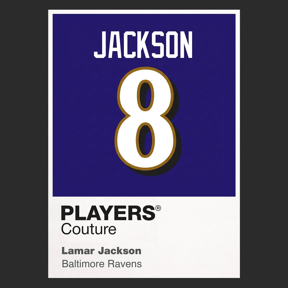 Lamar Jackson 8 Jersey Frame Men's T-Shirt – black close-up detail shot of the Lamar Jackson 8 Players Couture logo design