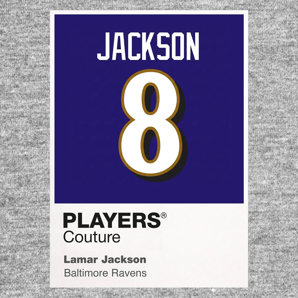 Lamar Jackson 8 Jersey Frame Men's T-Shirt – grey close-up detail shot of the Lamar Jackson 8 Players Couture logo design