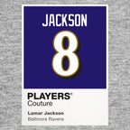 Lamar Jackson 8 Jersey Frame Men's T-Shirt – grey close-up detail shot of the Lamar Jackson 8 Players Couture logo design