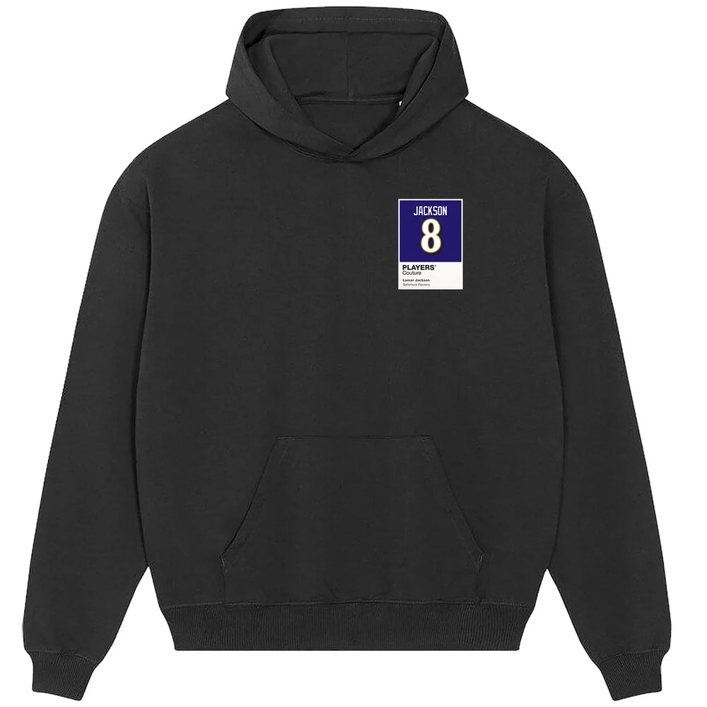 Lamar Jackson 8 hoodie – black men's hoodie featuring the Lamar Jackson 8 Players Couture logo