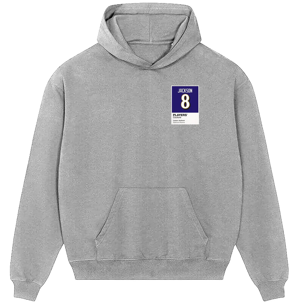 Lamar Jackson 8 hoodie – grey men's hoodie featuring the Lamar Jackson 8 Players Couture logo