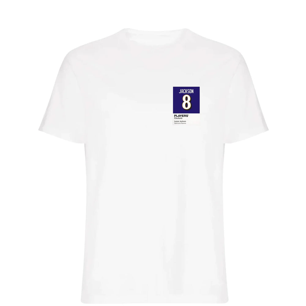 Lamar Jackson 8 t-shirt – white men's t-shirt featuring the Lamar Jackson 8 Players Couture logo