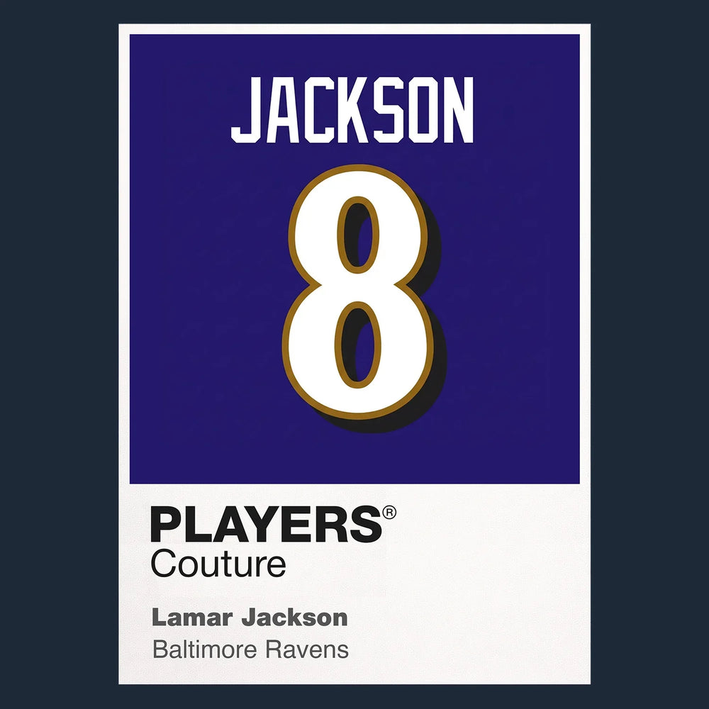 Lamar Jackson 8 Jersey Frame Men's T-Shirt – navy close-up detail shot of the Lamar Jackson 8 Players Couture logo design