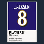 Lamar Jackson 8 Jersey Frame Men's T-Shirt – navy close-up detail shot of the Lamar Jackson 8 Players Couture logo design
