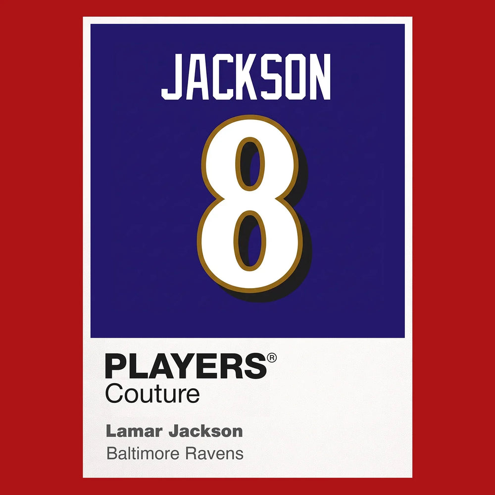 Lamar Jackson 8 Jersey Frame Men's T-Shirt – red close-up detail shot of the Lamar Jackson 8 Players Couture logo design