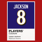 Lamar Jackson 8 Jersey Frame Men's T-Shirt – red close-up detail shot of the Lamar Jackson 8 Players Couture logo design