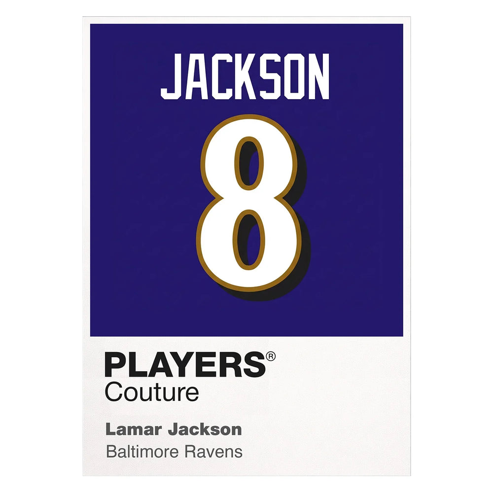 Lamar Jackson 8 Jersey Frame Men's T-Shirt – white close-up detail shot of the Lamar Jackson Players Couture logo design