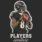 Lamar Jackson Badge Men's Hoodie – black close-up detail shot of the Lamar Jackson Players Couture logo design