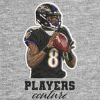 Lamar Jackson Badge Men's Hoodie – grey close-up detail shot of the Lamar Jackson Players Couture logo design