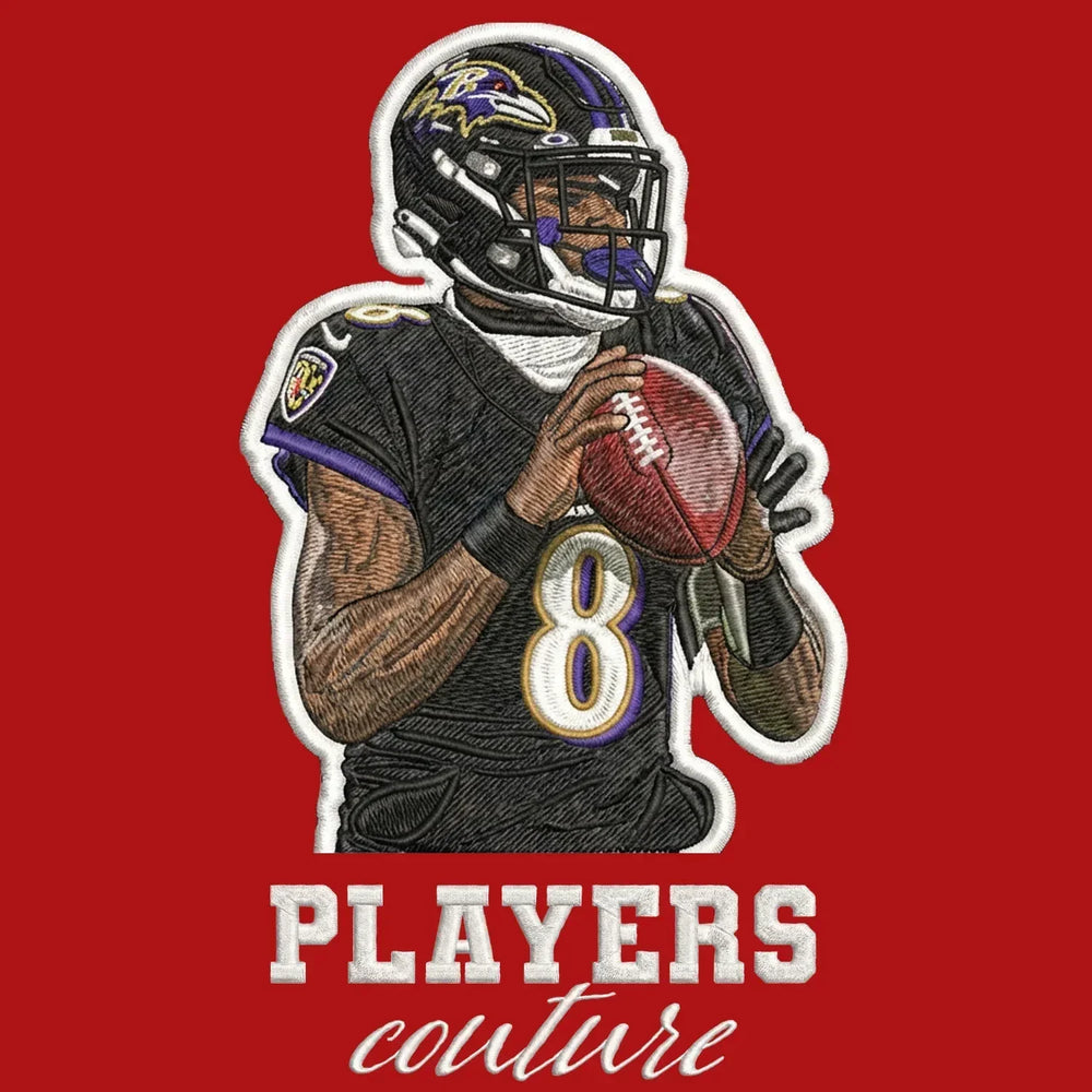 Lamar Jackson Badge Men's Hoodie – red close-up detail shot of the Lamar Jackson Players Couture logo design
