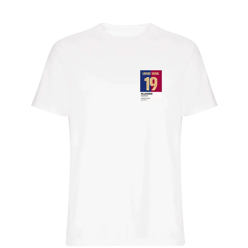 Lamine Yamal 19 Football t-shirt – white men's t-shirt featuring the Lamine Yamal 19 Football Players Couture logo
