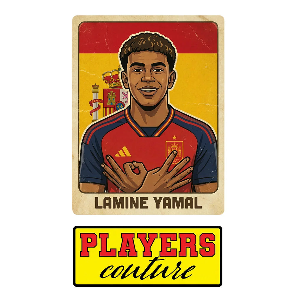 Lamine Yamal World Cup Sticker Men's T-Shirt – close-up detail shot of the Lamine Yamal World Cup Players Couture logo design