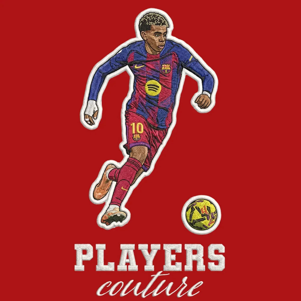 Lamine Yamal Badge Men's Hoodie – red close-up detail shot of the Lamine Yamal Players Couture logo design