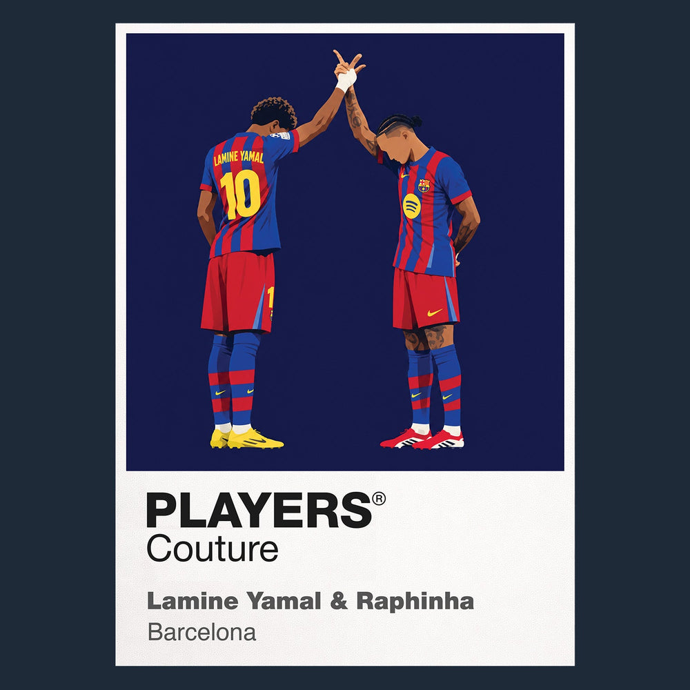 Lamine Yamal and Raphinha Barcelona Icon Frame artwork in navy