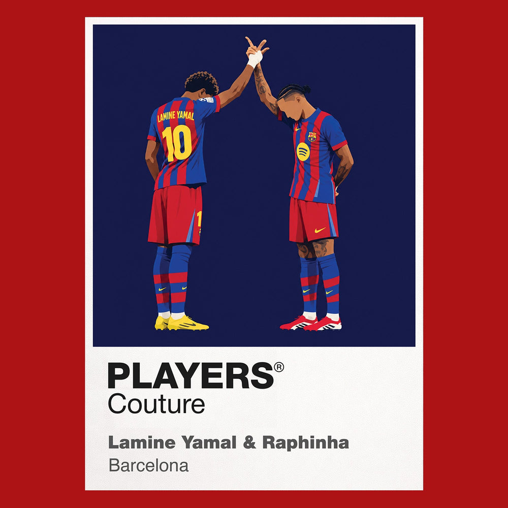 Lamine Yamal and Raphinha Barcelona Icon Frame artwork in red