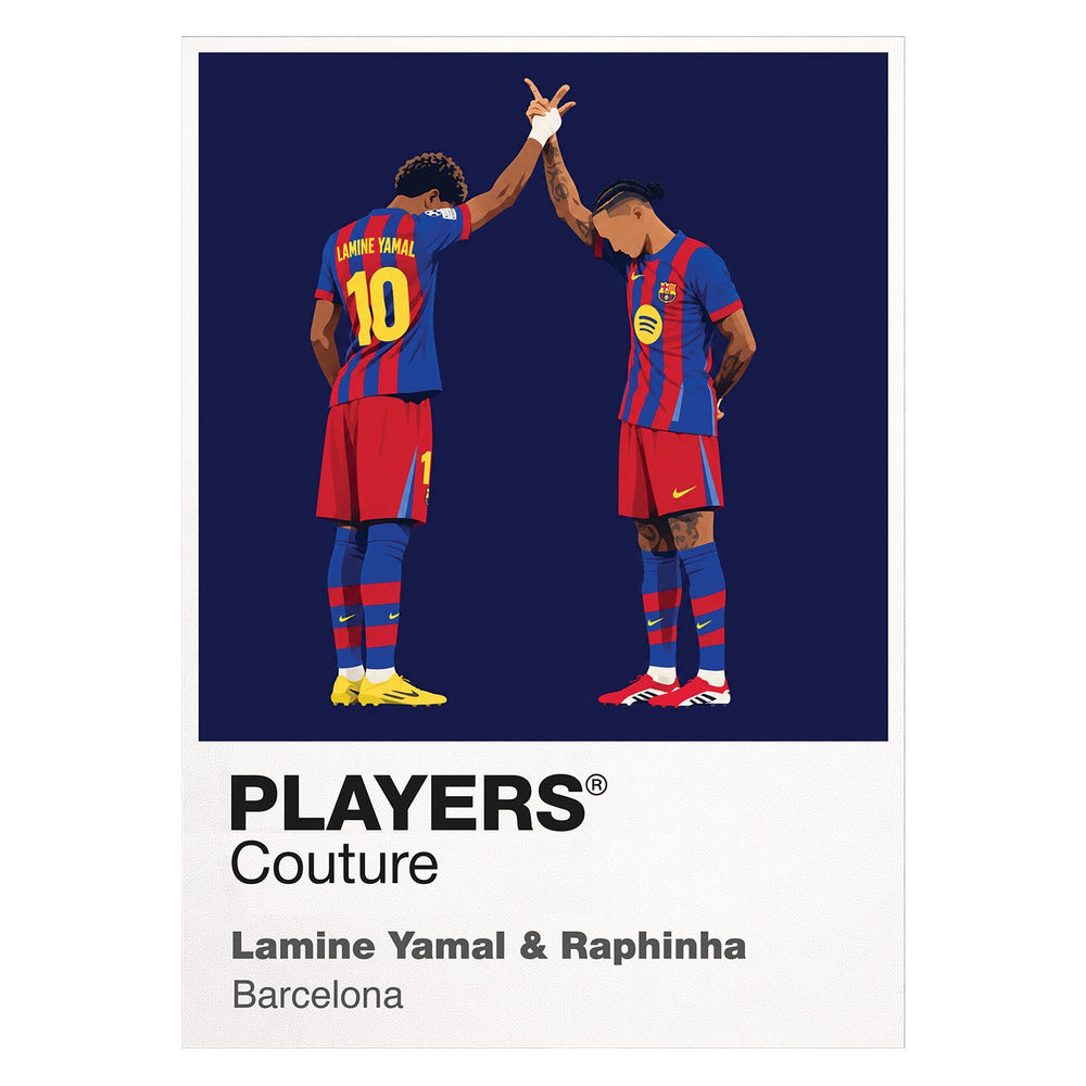 Lamine Yamal and Raphinha Barcelona Icon Frame artwork in white