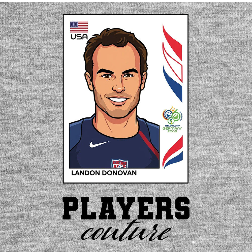 Lando Donovan World Cup Sticker Men's T-Shirt – grey close-up detail shot of the Lando Donovan World Cup Players Couture