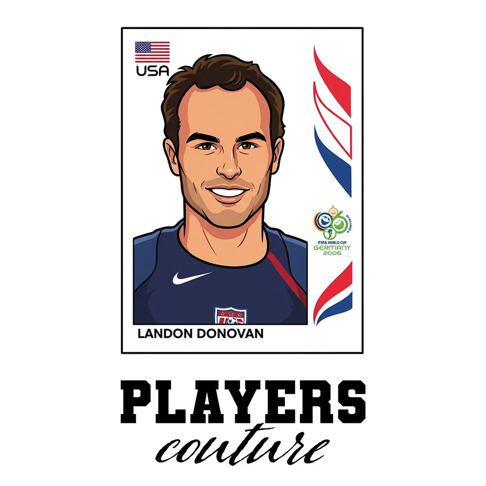 Lando Donovan World Cup Sticker Men's T-Shirt – white close-up detail shot of the Lando Donovan Players Couture logo design