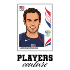 Lando Donovan World Cup Sticker Men's T-Shirt – white close-up detail shot of the Lando Donovan Players Couture logo design