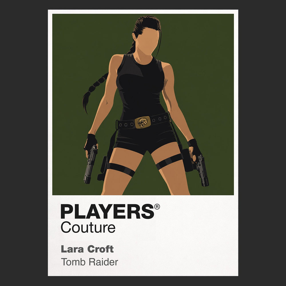 Lara Croft Lara Croft in explorer gear with twin holsters against an ancient temple silhouette Icon Frame artwork in black