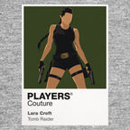 Lara Croft Lara Croft in explorer gear with twin holsters against an ancient temple silhouette Icon Frame artwork in grey