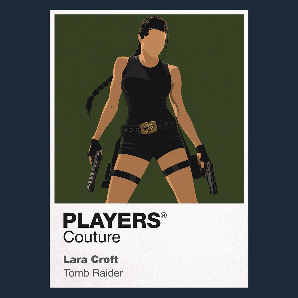 Lara Croft Lara Croft in explorer gear with twin holsters against an ancient temple silhouette Icon Frame artwork in navy