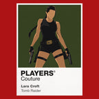 Lara Croft Lara Croft in explorer gear with twin holsters against an ancient temple silhouette Icon Frame artwork in red