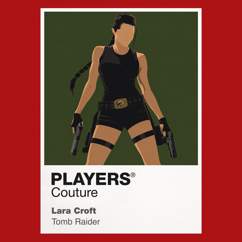 Lara Croft Lara Croft in explorer gear with twin holsters against an ancient temple silhouette Icon Frame artwork in red